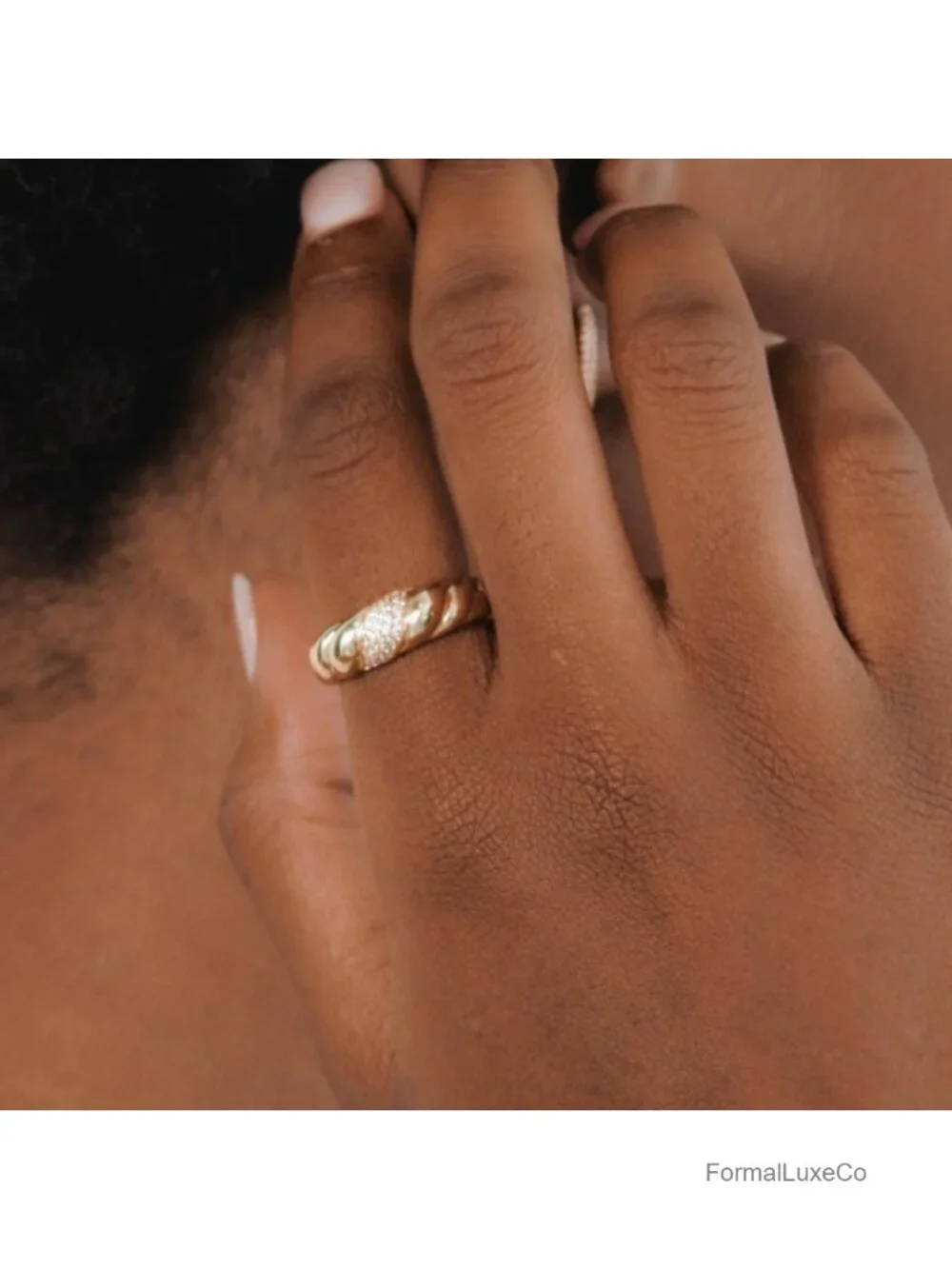 14K Gold Plated Croissant Dome Ring for Women, Chunky Signet Ring with Cubic